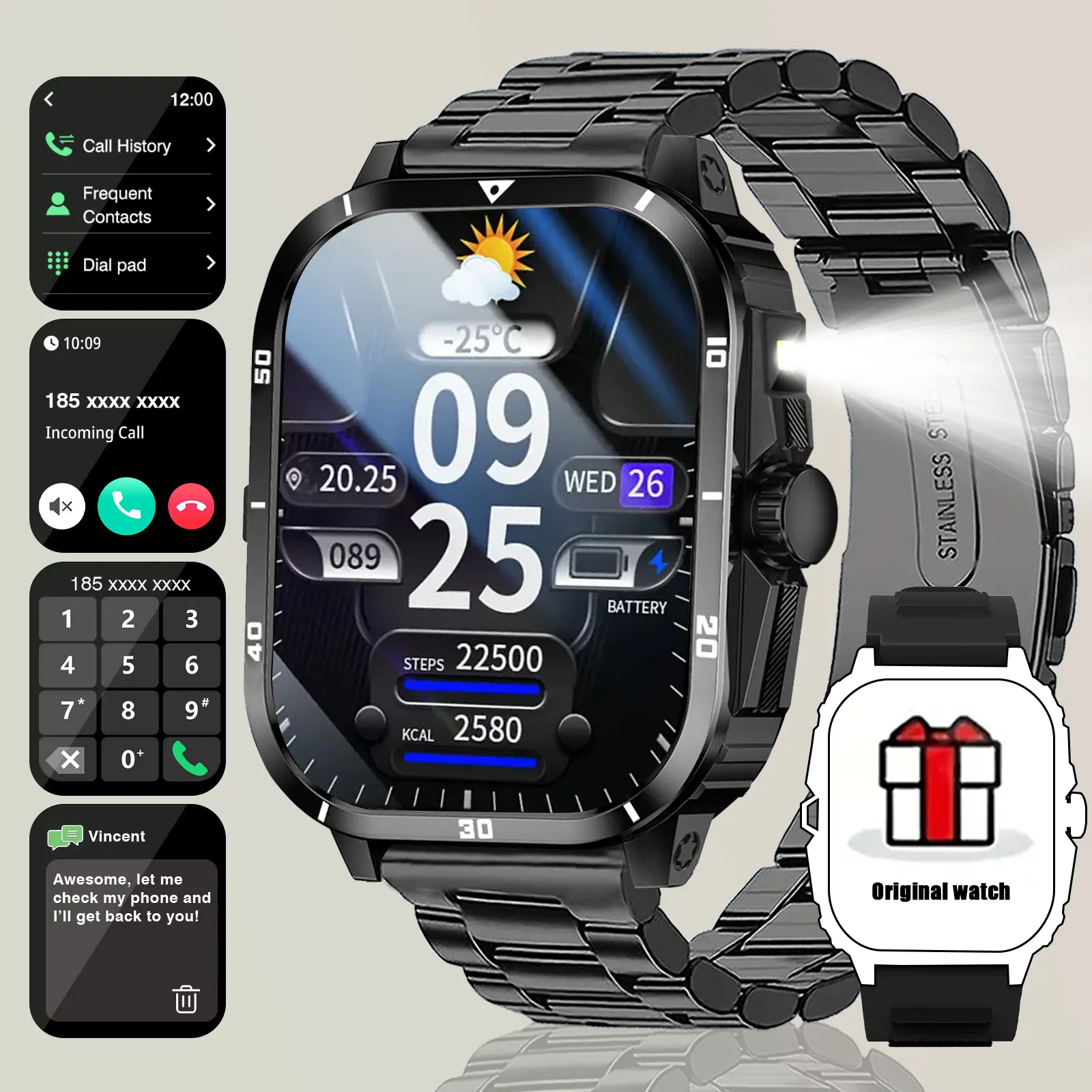 Smart Watch with LED Light, wireless calling /dial, Digital Smart Watch, Multi-Sport Modes, Call & Message Alerts, Compatible with Iphone/Android, Wearable Smartwatch