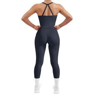 SUUKSESS Women 2 Piece Workout Sets Compression Tummy Control Leggings with Pockets Halter Built in Bra Tank Tops