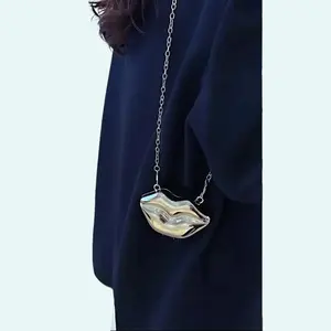 Lip Lock Bag: Glossy Acrylic Lip Shaped Clutch with Metallic Chain Decor