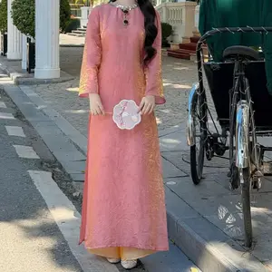 Áo dài hồng gấm ánh nhũ đính kết phần cổ kèm quần vàng- Vietnamese Traditional dress