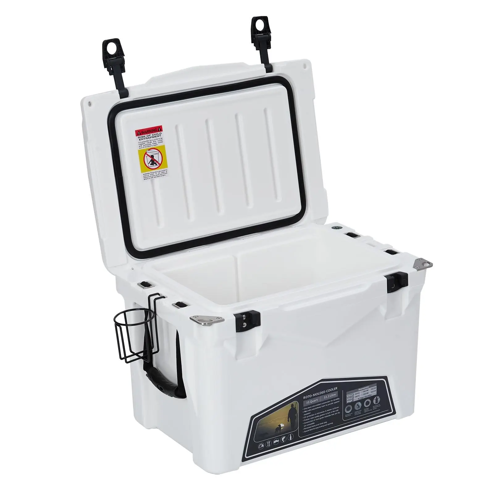 35 Quart Portable Ice Cooler, Heavy Duty Ice Chest with Portable Cup Holder, Fish Ruler, Bottle Openers, Camping Cooler for Beach Boat ,White