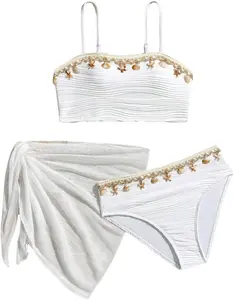 Girl's Swimsuits 3 Piece Seashell Spaghetti Strap Textured Bathing Suit with Cover Up