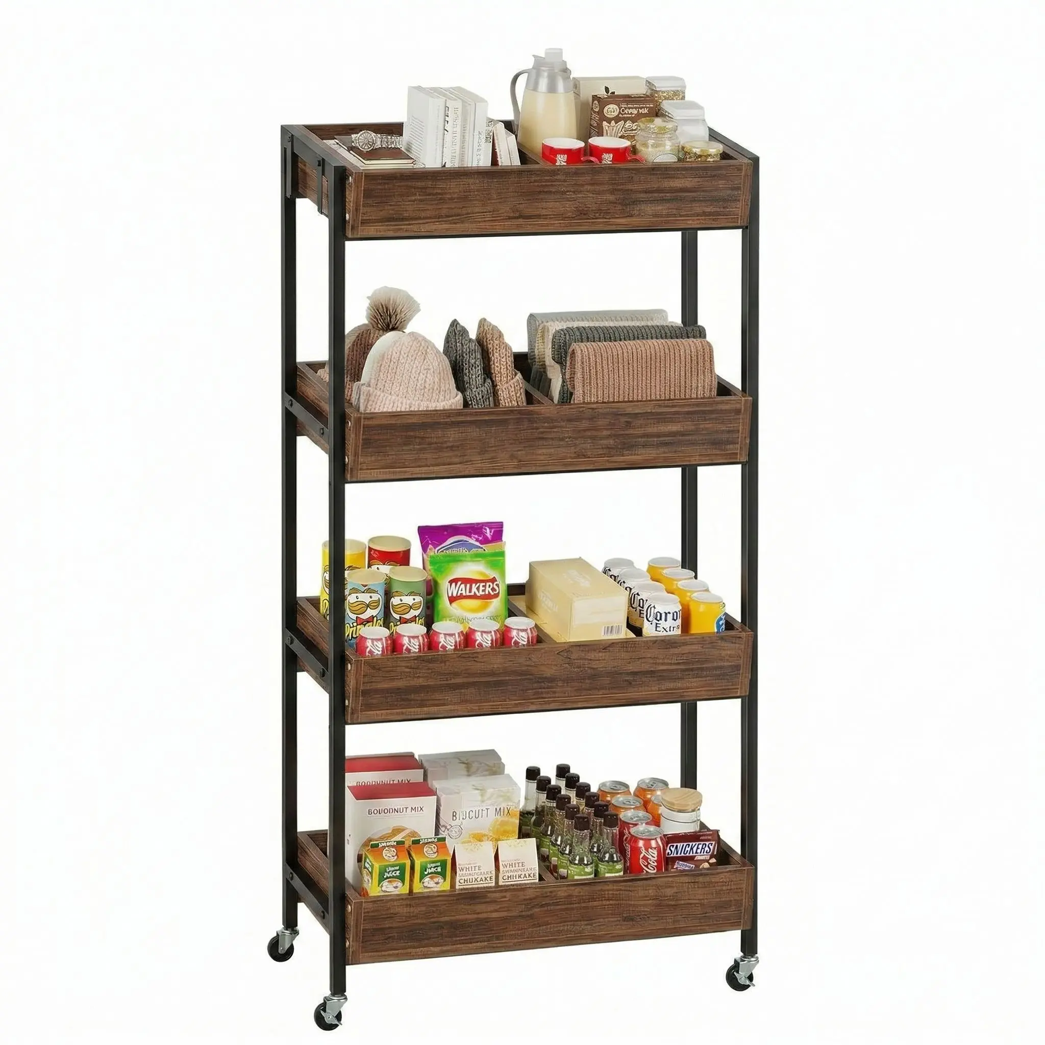 4-Tier Metal Snack Display Organiser - Multi-Shelf Standing Shelf Unit, Large Capacity Home Storage Solution for Retail Stores, Chips Concession Organization