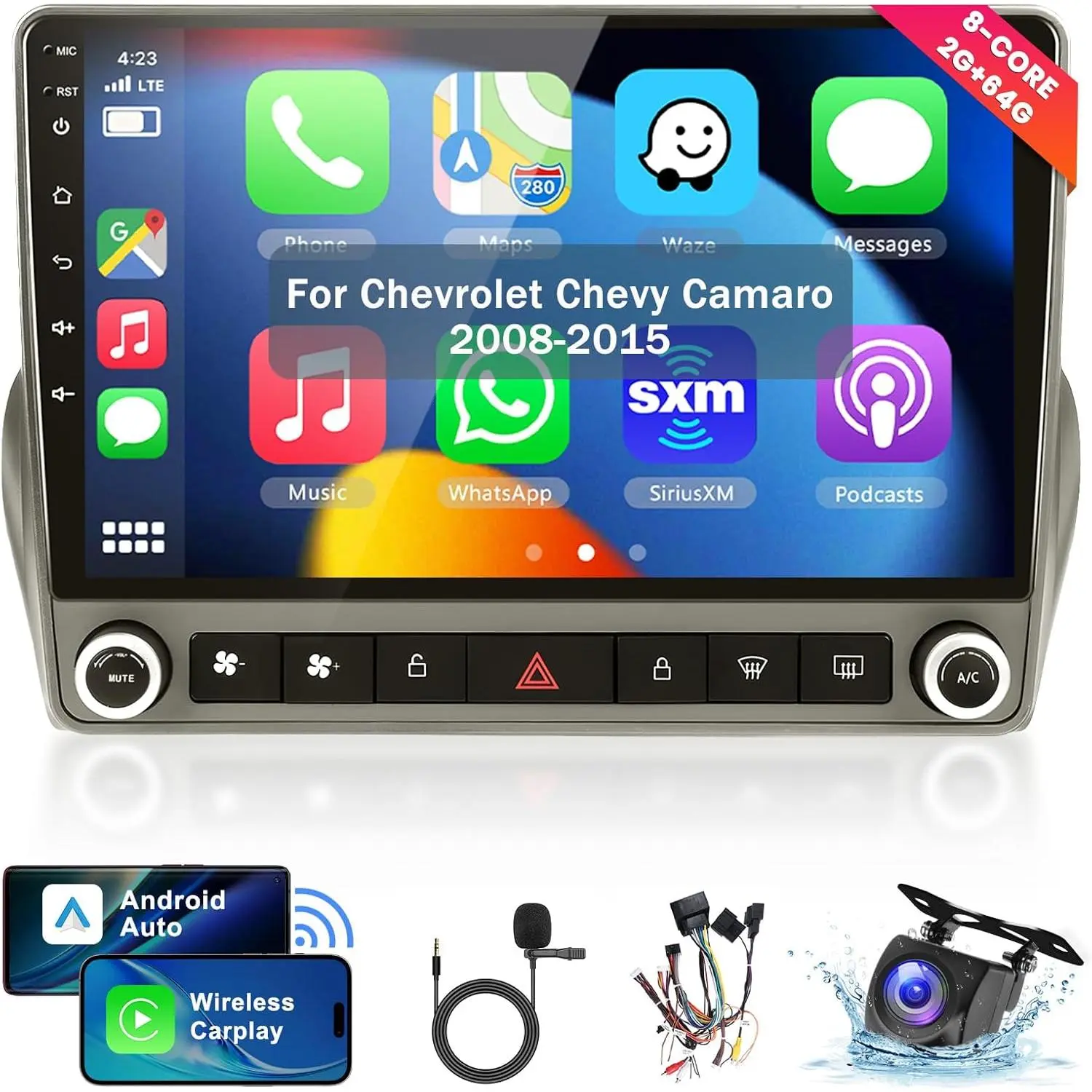 RIMOODY Android OS Car Audio for Chevrolet Chevy Camaro 2008-2015 [2+64G], 9 in Touchscreen Radio with Wireless CarPlay, Android Auto, GPS Nav, WiFi, EQ DSP, Bluetooth, SWC, Backup Camera Upgrade Car Media Player Car Video Player