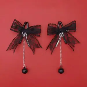 Women’s Adjustable Nipple Clips | Gothic Lace Bow Breast Clips | Black Chain Lingerie Accessory | Cute Kawaii Body Jewelry