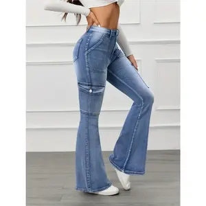 Women's light blue elastic multi pocket flared jeans