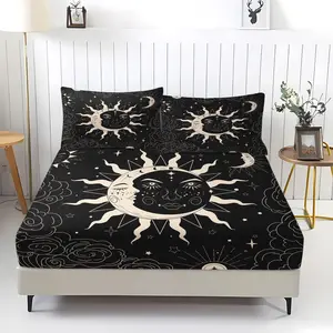 3Pcs Celestial Sun and Moon Fitted Sheet Set, Bed Sheets Set, Bohemian Design Bedding Set, Soft and Durable Fabric, Ideal for Mystical Bedroom Decor, Includes 2 pillowcases (inserts not included)