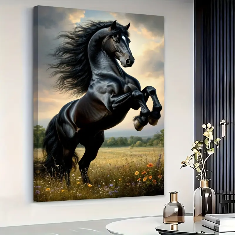 1 Piece Midnight Black Horse Canvas Painting - Galloping Horse Wall Art Poster, with Solid Wood Frame, Contemporary Modern Farmhouse Decor for Living Room, Office, Garage, Bar - Large Deep Brown/Black Horse Picture Ready to Hang - Ideal Gift for Horse Ent