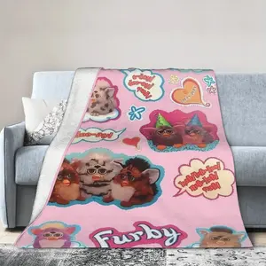 Furby Plush Throw Blanket - Ultra-Soft Flannel All-Season Cozy - Pastel Pink with Furby Characters - Living Room, Office, Travel, Gift for Fans - Nostalgic Decor for Furby Collectors, Whimsical Design, Office Comfort, Playful Pattern, Highquality Material