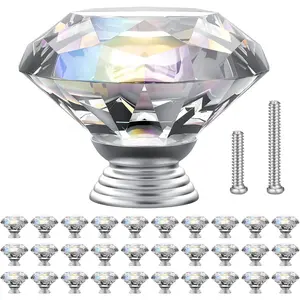 Crystal Cabinet Knobs 30Pack, 1.18inch Dresser Knobs for Cabinet, Drawer with Two Different Sizes Screws, Diamond Glass Pulls Handles (40mm, 30Pack, Clear-Silver)
