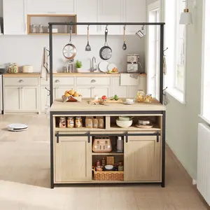 Garvee Versatile Large Kitchen Island Table – 3-Tier Storage with Sliding Barn Door, Coffee Bar Cabinet, Charging Station, Hooks, Multi-Functional Bakers Rack for Dining/Living Room