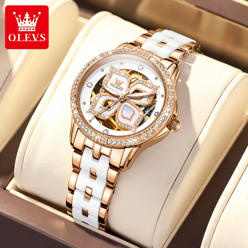 OLEVS Luxury Ceramic Skeleton Watch for Women, Automatic Analog Display, 35mm Luminous Dial, 30m Waterproof, Watches For Women, Automatic Drive, 12 Months, 30M - 50M