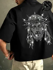 Men's Short Button Shirt, Sparkly Rhinestone Jesus Pattern, Loose Y2K Millennium Style, Casual Street Hip Hop Fashion Top