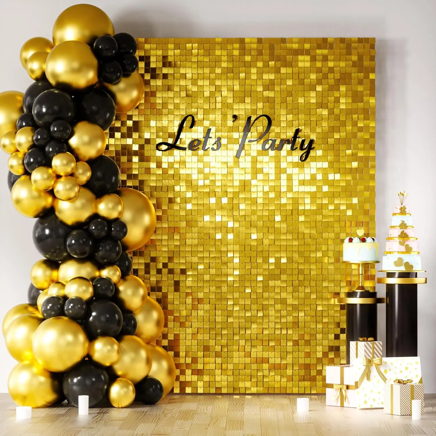 Glamorous Elegant Lightweight Reflective PVC Gold Shimmer Wall Backdrop - 24/30/36/49 Square Sequin Panels, Quick & Tool-Free Assembly, Indoor/Outdoor Birthday/Graduation Festive Backdrops & Banners
