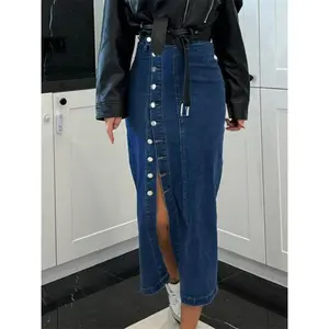 Women's High Waist Denim Skirt Solid Color Oblique Button Up Long Skirt for Travel, Beach, Shopping big-size jean skirt with slits, beautiful shape, dusty color, easy to coordinate