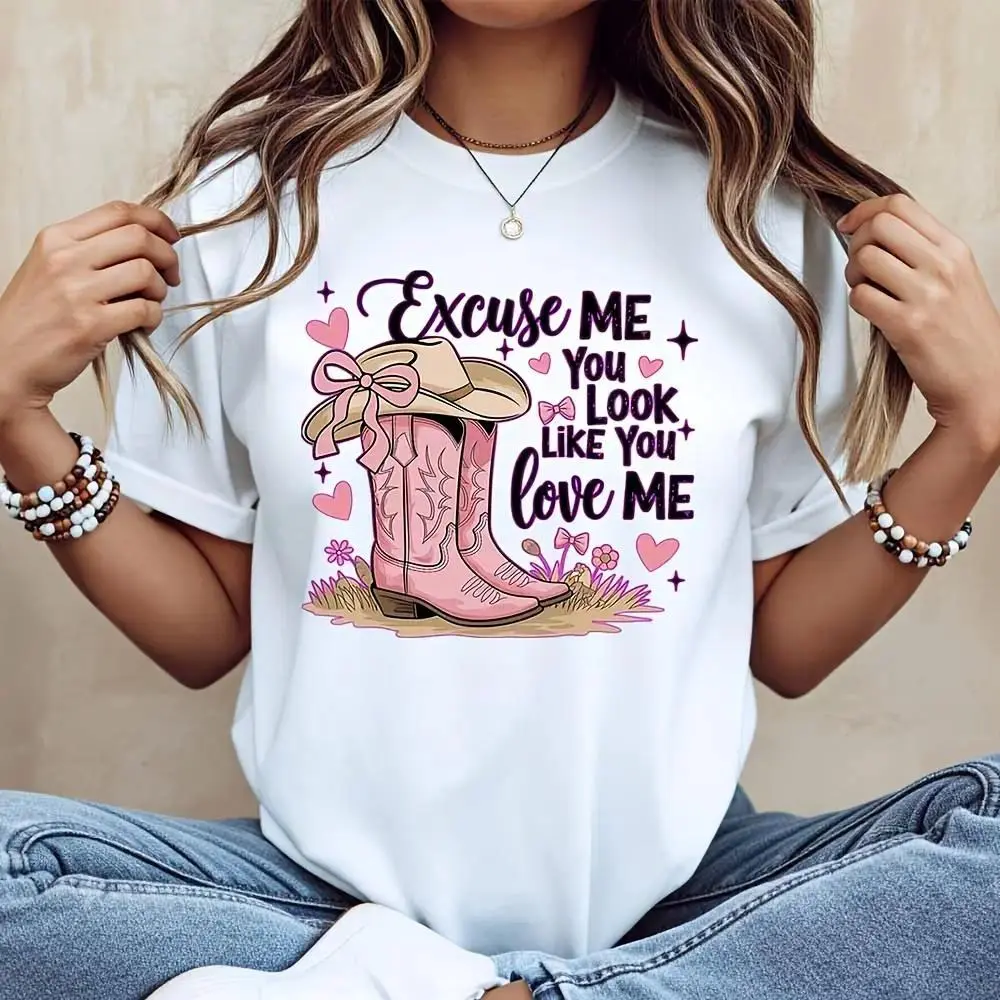 Women's Western Graphic T-Shirt - Chic Shortsleeve 'Excuse Me' Cowboy Boot Print Top for Country Music Lovers