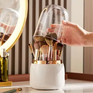 Makeup Brush Organizer with Lid, 360 Rotating Dustproof Makeup Brushes Organizer for Vanity Desktop Bathroom Countertop