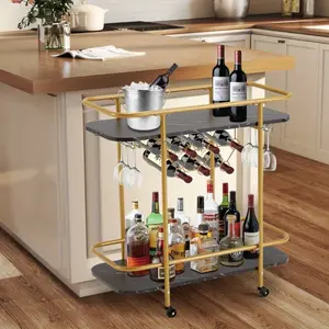 Bar Cart with Wine Rack & Glass Holder, Serving Cart with Wheels for Kitchen, Dining Room & Home Bar