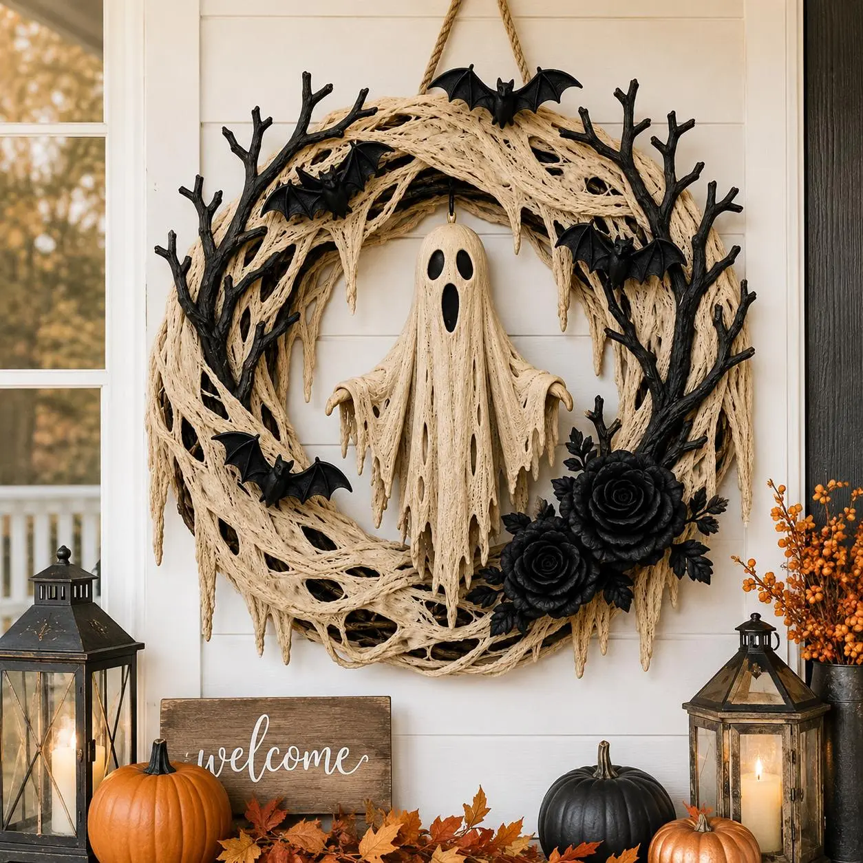 Spooky Ghost Halloween Wreath, Gothic Bat Wreath Decor, Halloween Door Hanger, Haunted House Wall Decor, Fall Porch Decor