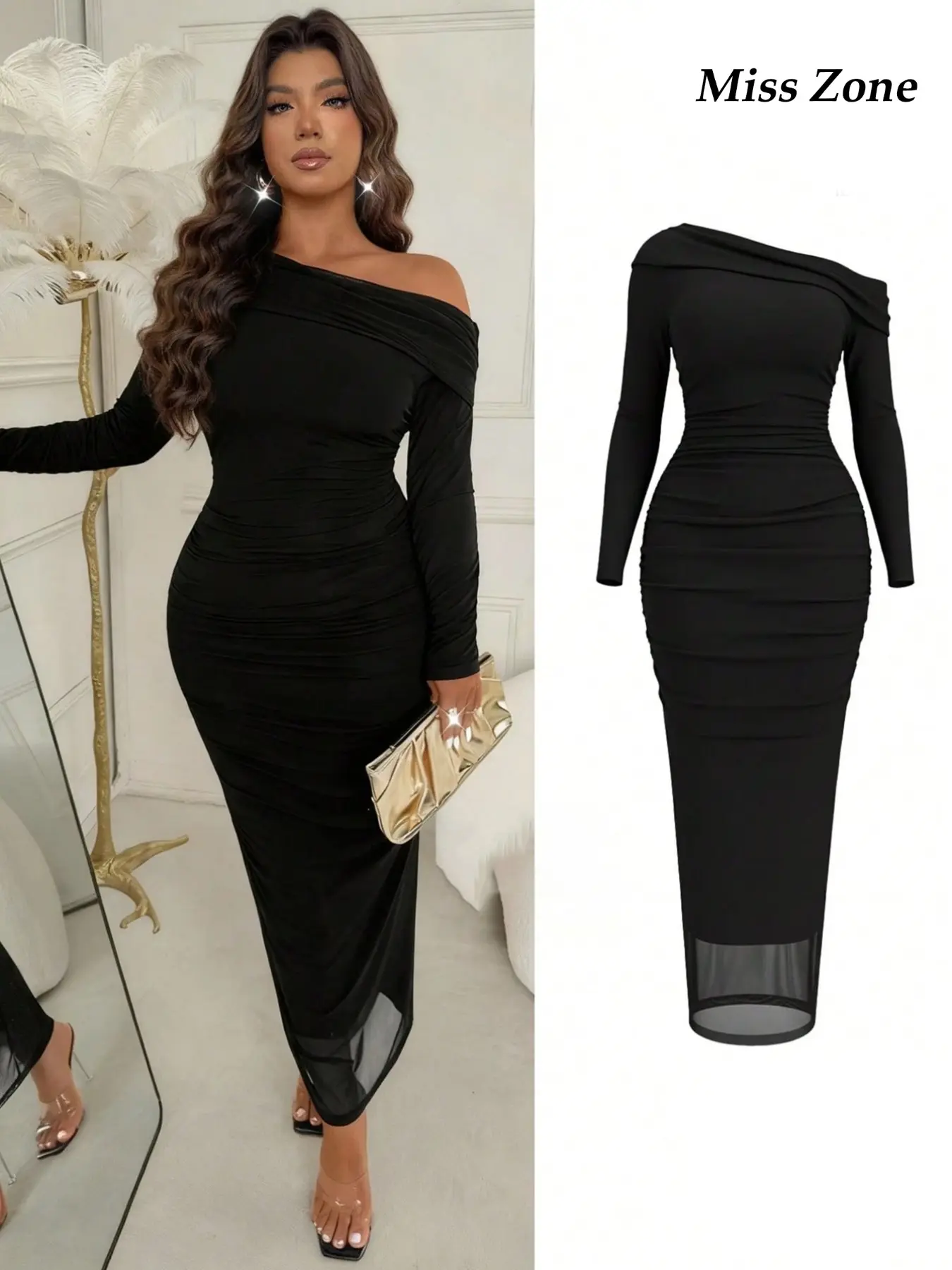 Plus Size Asymmetrical Shoulder One-Piece Black Long Sleeve Long Bodycon Dress, Mature Elegant Style Fitted Formal Cocktail Party ,Office Workwear,Christmas,Thanksgiving Day,Light,Night Out For Women In Fall/Winter