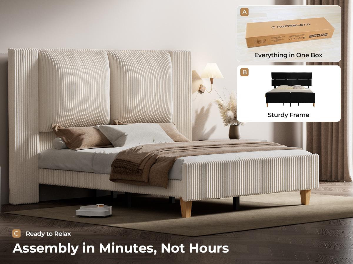 【Holiday Haul】King Size Upholstered Bed Frame girl with 51" Tall Headboard, Platform Bed with Widened Corduroy Cushion, Easy Assembly, No Box Spring Needed, cozy bed frame