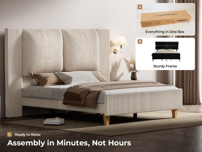 【Holiday Haul】King Size Upholstered Bed Frame girl with 51" Tall Headboard, Platform Bed with Widened Corduroy Cushion, Easy Assembly, No Box Spring Needed, cozy bed frame