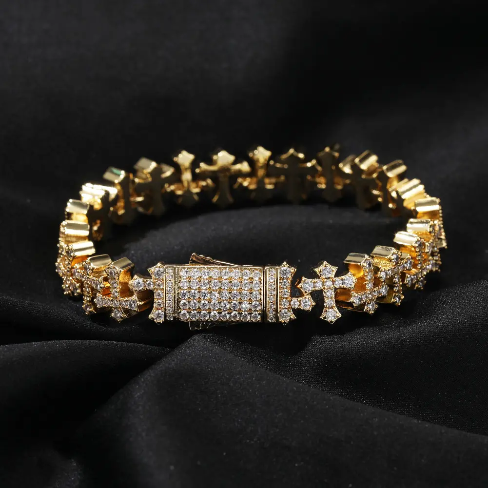 18K Gold Plated Cross Bracelets for Women, 11.5mm Iced Out 5A Sparking Cubic Zirconia Cross Bracelet Anklets Hip Hop Rapper Jewelry Gift for Men Women