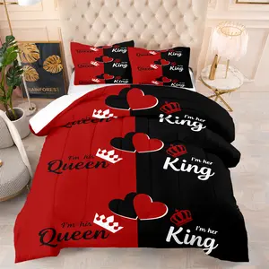 "King"  "Queen" Pattern Printed Comforter Set, Including 1/2 Coreless Pillowcase, Couple Theme Bedding Gift Set, Full of Romantic and Sweet Atmosphere in The Bedroom, Warm and Soft and Comfortable Bedding