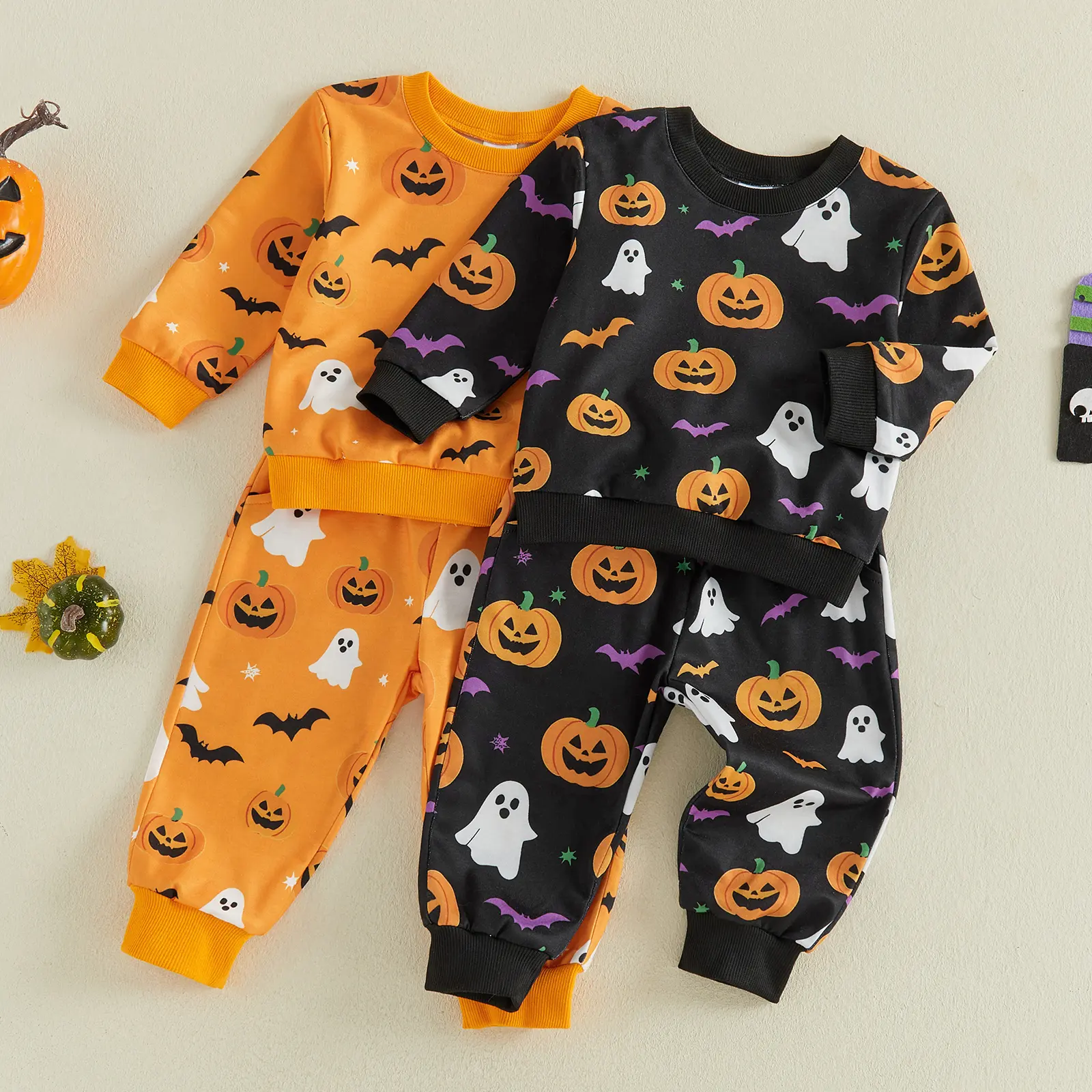 Toddler Baby Boy Girl Halloween Outfit Spooky Pumpkin Ghost Bats Print Sweatshirt with Pants