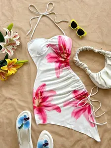 White Base Pink Floral Asymmetric Hem Halter Bow Bodycon Dress – Women’s Romantic Beach & Summer Outfit