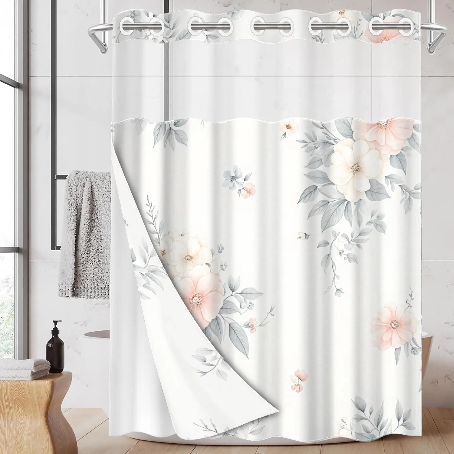 1pc hookless Pretty shower curtain with buckle lining, spring pink and white floral pattern design, 2D flat printing, fabric waterproof lining, see-through double-layer shower curtain, 71 x 74 inches, modern home draping curtain, Flower, Bathroom Curtain