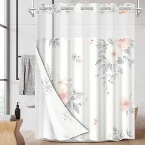 1pc hookless shower curtain with buckle lining, spring pink and white floral pattern design, 2D flat printing, fabric waterproof lining, see-through double-layer shower curtain, 71 x 74 inches, modern home draping curtain, Flower