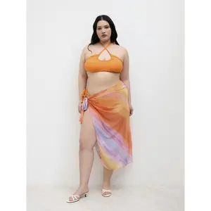 Cider Halter Neckline Beaded Criss Cross Tie Side Bikini Set With Gradient Cover Up Skirt Curve & Plus