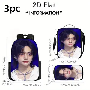 3pcs Hyunjin Backpack set with pencil case and lunch messenger bag, large capacity school bag for men and women, suitable for daily commuting, computer backpack - daily commuting bag for men and women