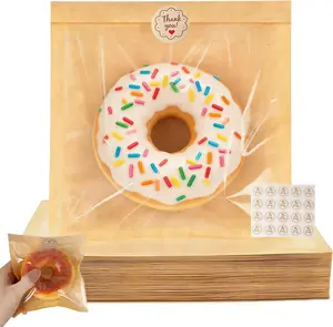 120 Pcs Individual Cookie Bags for Packaging, 5.7x6.5" Small Paper Bakery Bags with Window & Stickers, Heat Sealable Grease Resistant Treat Pouches for Home Bakers, Small Business & Party Favors