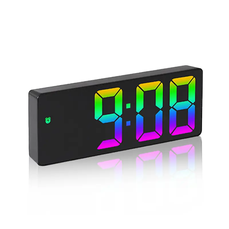 LED Wall Clock - 8-in Plastic Room Decor with Dynamic RGB Light, Large Digits, Auto-Brightness, 12/24-Hour Format, Silent Alarm, USB Charging, Living Room Decor, Bedside Charger Alarm Clock