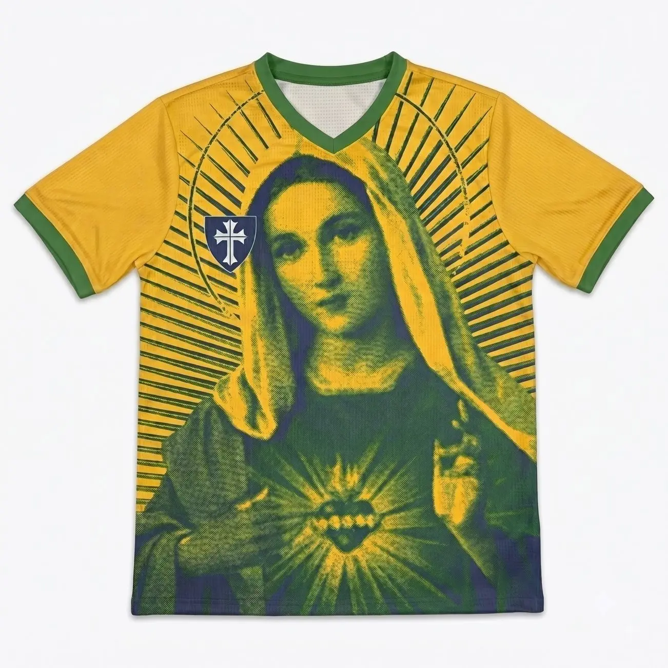 Blokecore Yellow Green Soccer Jersey Sacred Virgin Mary Graphic Back Sacred Heart Print Y2K Shirt