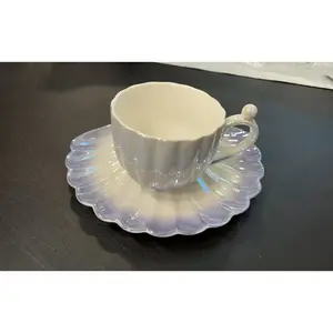 Pearl Shell Cup and Saucer - 8oz Gradient Ceramic Coffee Mug, Vintage Tea Cup, Cappuccino Cup, Latte Art Cup for for Afternoon TeaChristmas gifts.