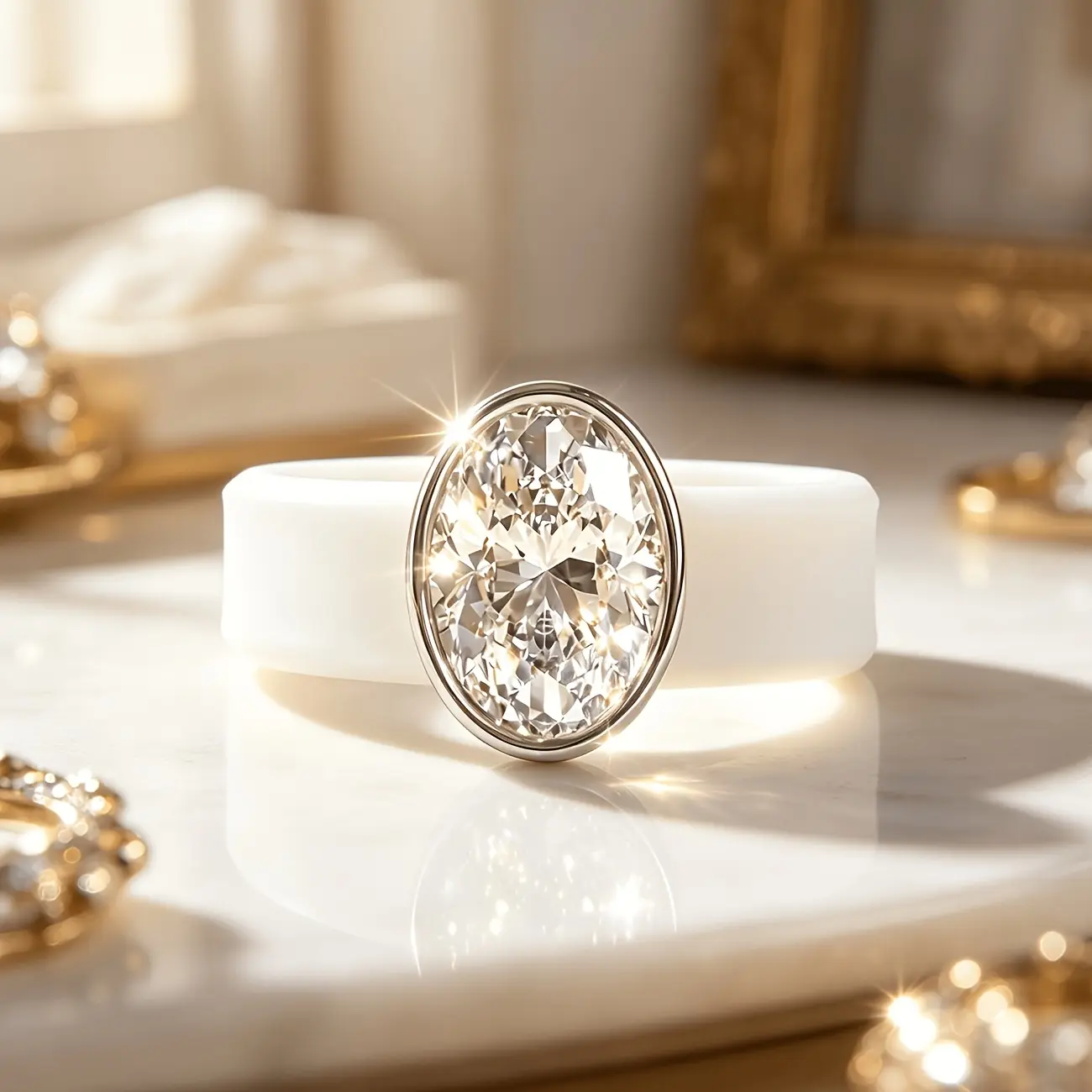 Women White Flexible Silicone Ring with Oval CZ, Rose Gold/Silver Bezel, Sweatproof Comfort Stackable Engagement Wedding Band