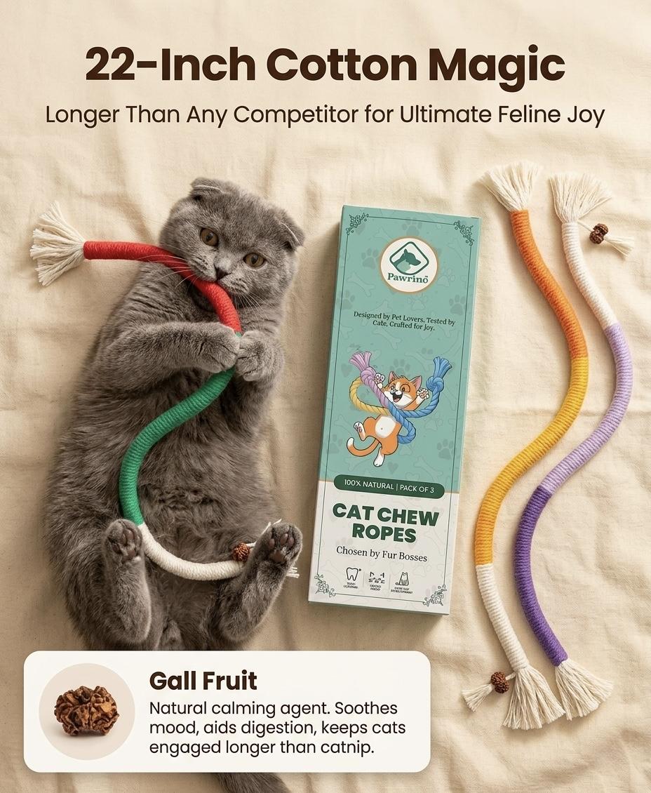 Pawrino Cat Chew Ropes 3 Pack – 22 Inch 100 Percent Cotton Teeth Cleaning Toy for Indoor Cats, Safe Non-Toxic Dental Chew, Calming Interactive Kitten Toy