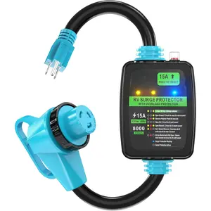 30 Amp to 15 Amp 110  RV Surge Protector Adapter Cord, 8000 Joules, NEMA 5-15P Male to L5-30R 90? Right Angle Twist Lock Female, Overload Protection, RV Circuit Analyzer, ETL Listed