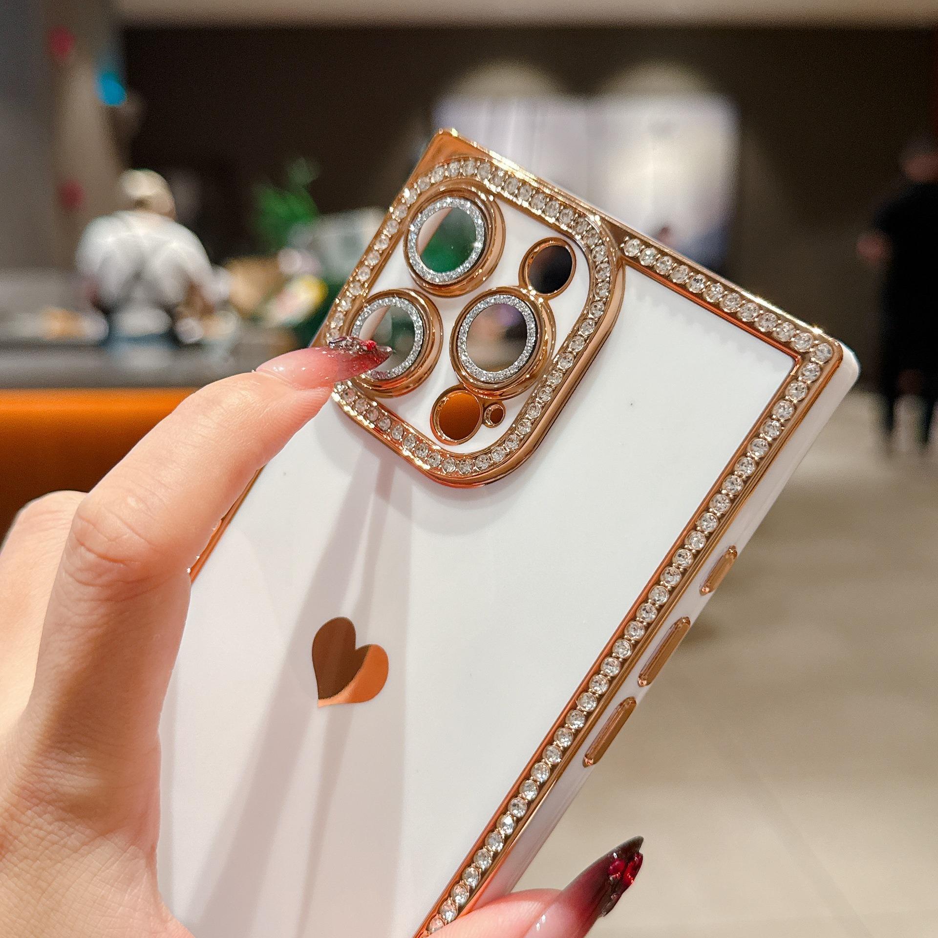 Luxury Rhinestone Square Edge Phone Case, Bling Diamond Full Camera Protection Shockproof Cover with Heart Design for IP 16 Pro max, 15 plus, 14, 13 junk