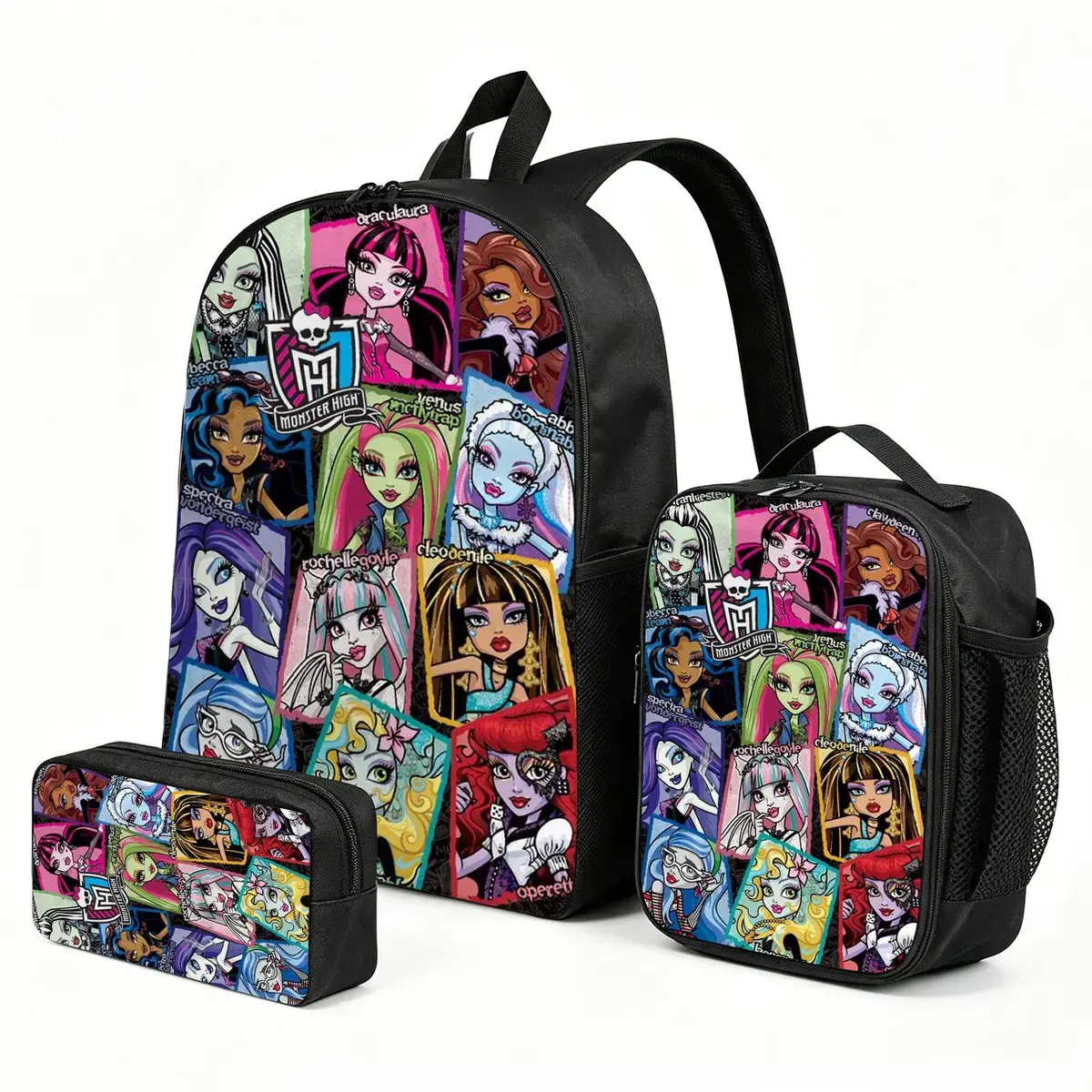 Monster-High 3-Piece Bookbag Set, Student Class Backpack with Lunch Box & Pencil Case | Back to School Supplies for Kids, Three Pieces