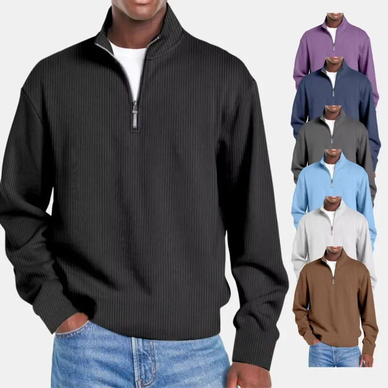 Men’s Ribbed Quarter-Zip Sweatshirt, Stand Collar Solid Color Long Sleeve Pullover, Adjustable Zip Neck Casual Layering Top for Daily Wear, Work and Travel Hoodie Menswear