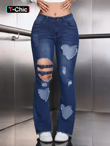 Women's Cut Out Heart Pattern Ripped Flared Denim Jeans, Fashion Casual Button Design Trousers for Daily Outdoor Wear, Ladies Bottoms for All Seasons Pants