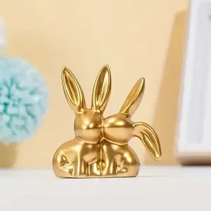 1pc Golden Kiss Couple Bunny Figurine, Unique Aesthetic Resin Statue, Versatile Indoor & Outdoor Decor for Home & Office, Ideal for Christmas & Valentine's Day