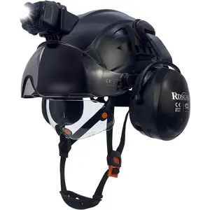 Industrial Safety Helmet with Visor, Ear Muffs & Headlight, Lightweight Vented Hard Hat with Adjustable Suspension for Construction, Electrical, and Warehouse Work