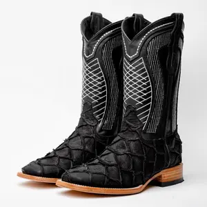 Rustic Matte Black Pirarucu Leather Boots - Square Toe