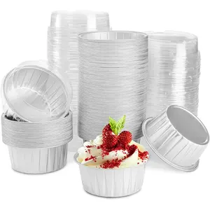 100 Pack Aluminum Foil Cupcake Baking Liner with Lid, 5oz Disposable Ramekin, Tart Pie Tin Pan Holder, Mini Cake Containers for Creme Brulee, Pudding,, Wedding, Silver Color