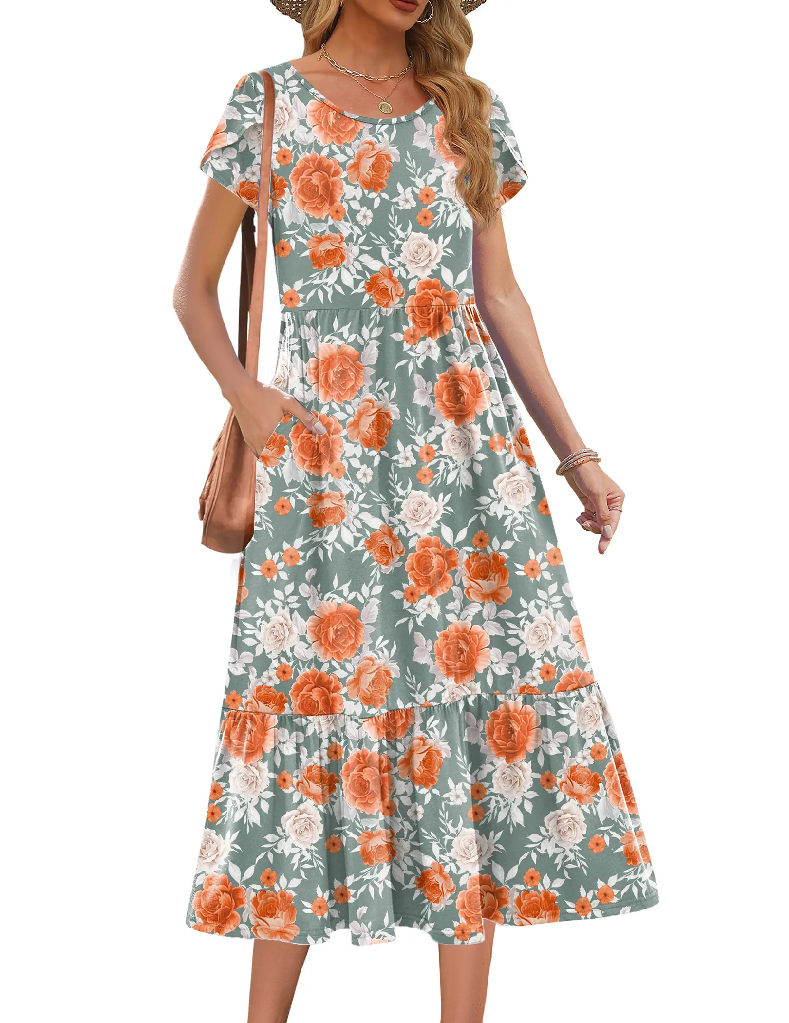 Women Summer Midi A Line Dress Short Sleeve Casual Flowy Tiered Beach Long Sundress with Pockets 2025 Vacation Travel